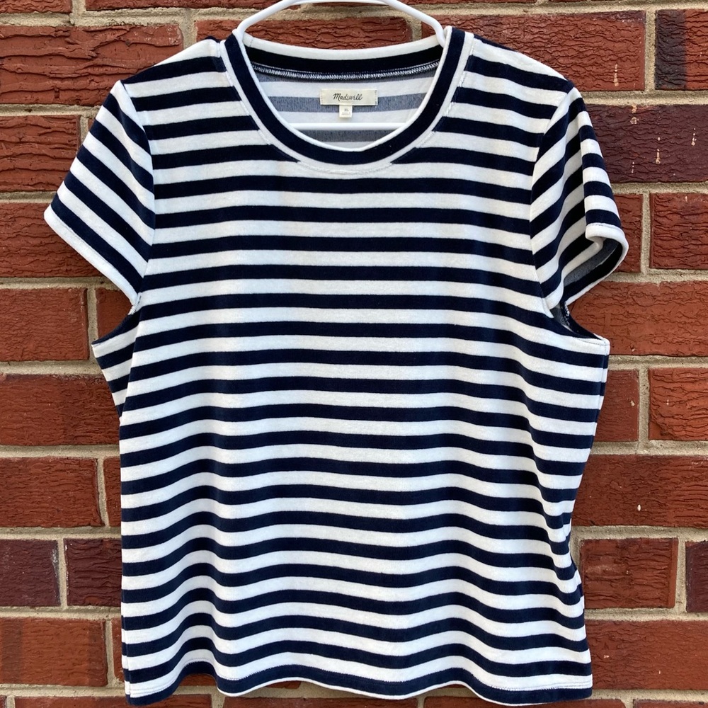 Madewell Velvet horizontal blue stripe cap sleeve top size XLarge